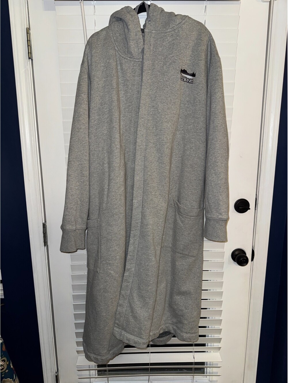 L.L. Bean Men's Sweatshirt Cotton Knit Hooded Belted Robe Pockets Solid Gray L